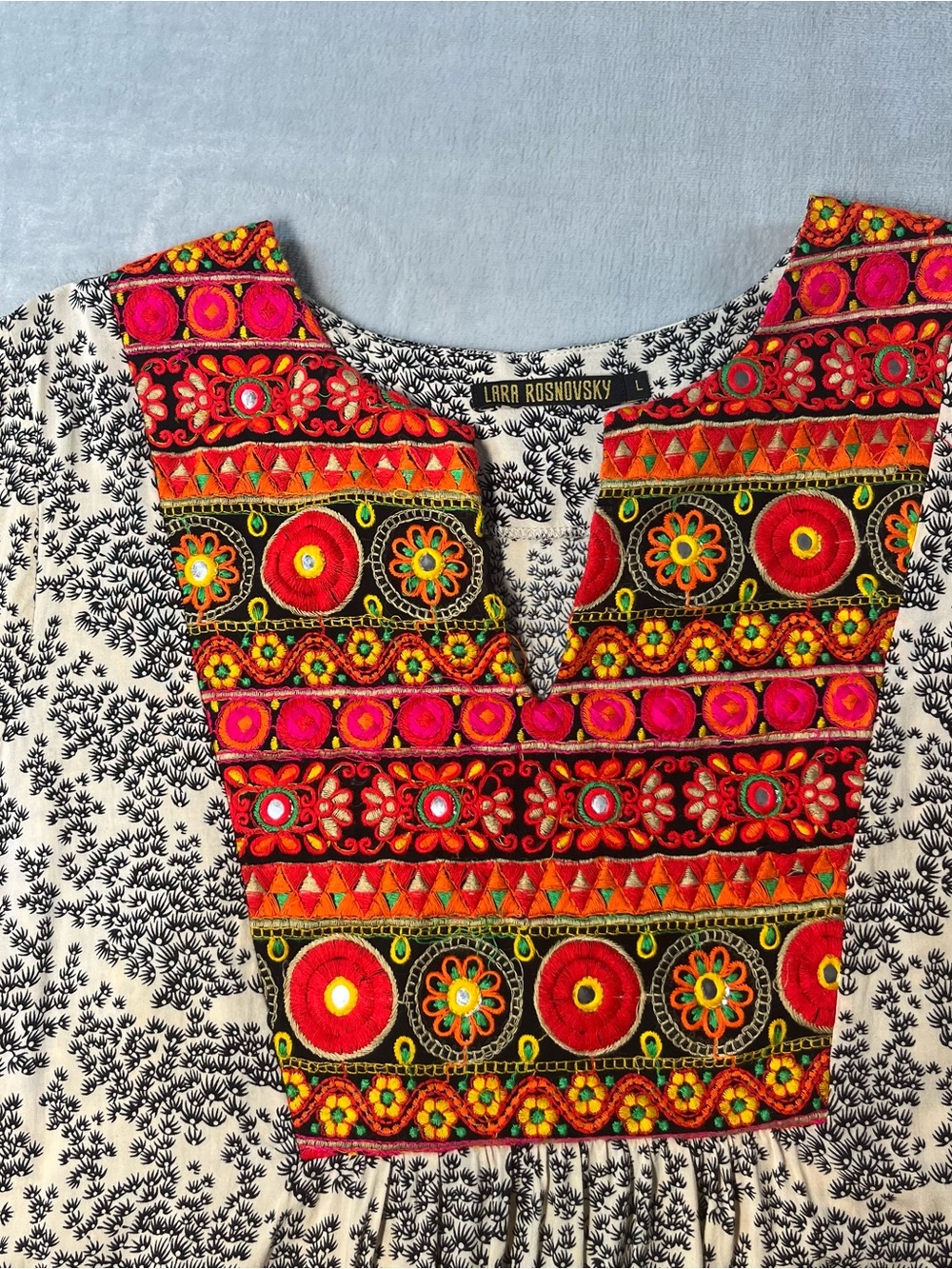 Lara Rosnovsky L 100% Cotton Embroidered Boho Midi Tunic Dress Bell Sleeve - Picture 9 of 15